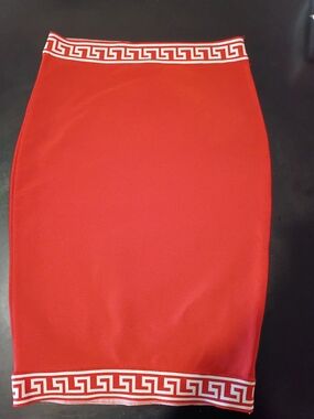 WOW Couture Red Bandage Mini Skirt with Greek Key Trim Size S
